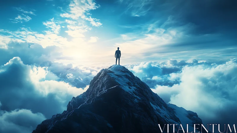 Lone figure stands on snowy mountain peak above clouds.