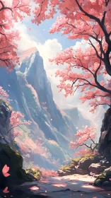 Chromatic alpine pass framed by luminous sakura canopy.