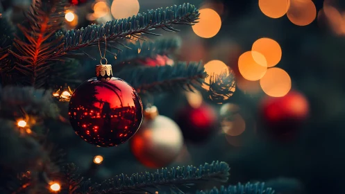 Red bauble on evergreen branch with blurred festive lights.
