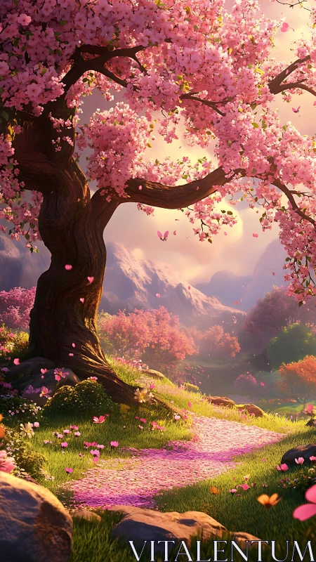 Blossoming cherry tree above petal path in soft light.