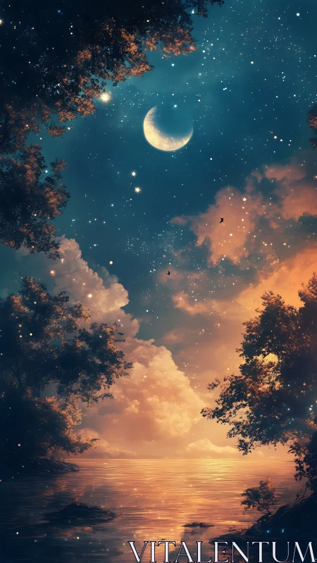 Crescent moon over reflective lake beneath star‑filled dusk sky