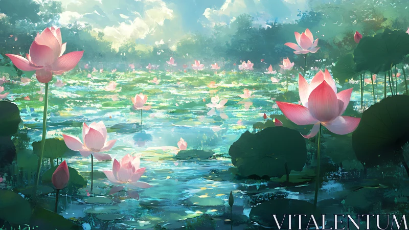 Sunlit lotus lagoon humming with soft watercolor daydreams.