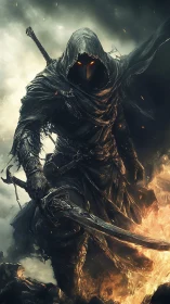 Hooded dark warrior with glowing eyes amid rising fire.