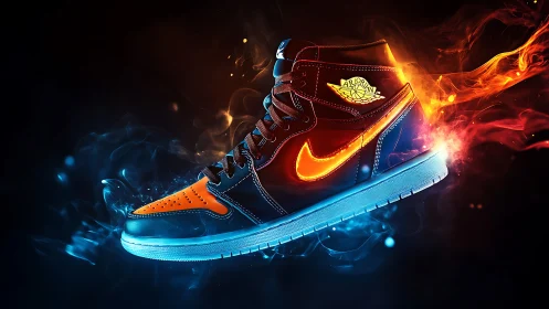 High-top sneaker with neon swoosh and dual smoke effects.