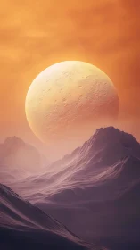 Twin-sunset moonrise over lavender alien mountain tides.