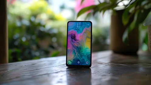Smartphone displaying colorful liquid wallpaper on garden table