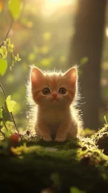 Luminescent Kitten in Verdant Forest Habitat with Bokeh Foliage.