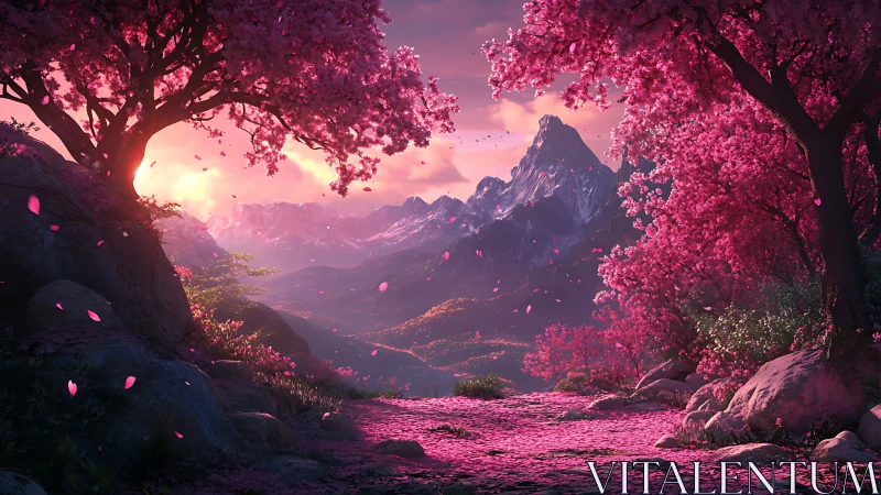 Chromatic alpine valley framed by luminous cherry canopies.