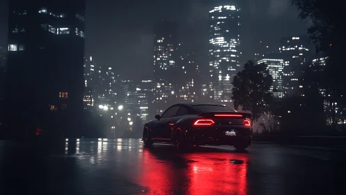 Sports car on wet city street at night in rainfall.