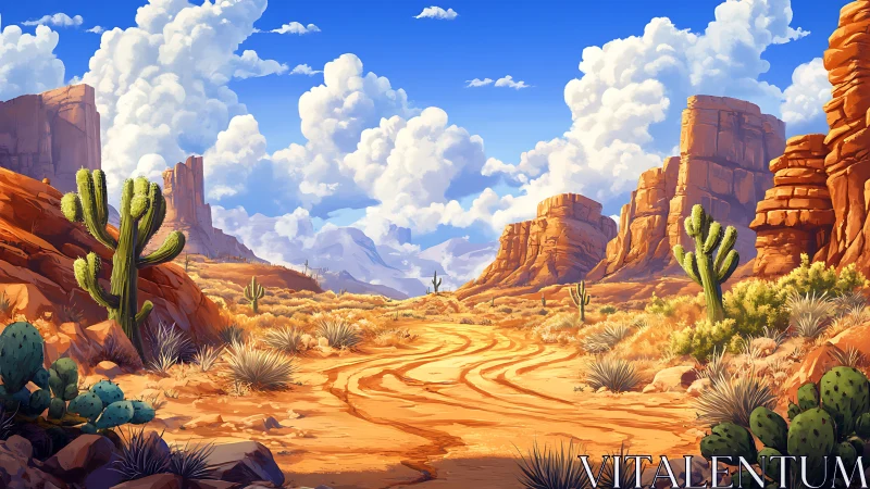 Desert canyon landscape shows central sandy track with cacti