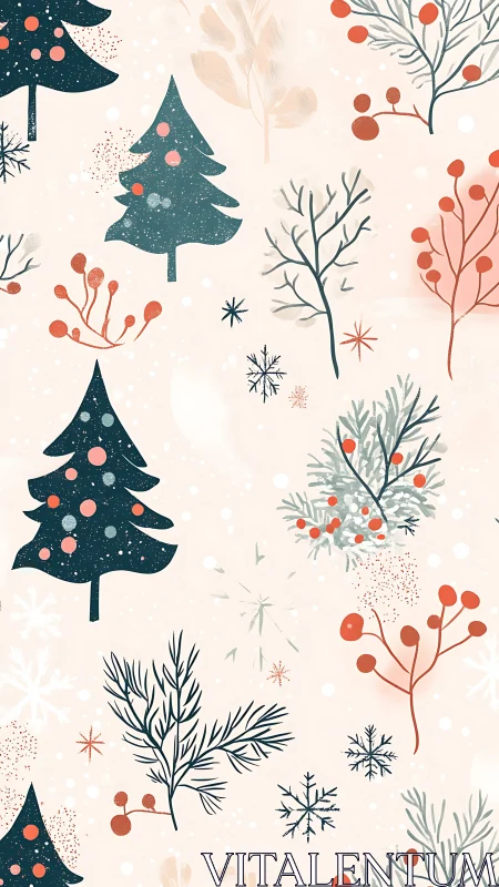 Playful winter trees and berries in soft snowy pastels.
