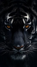 Midnight tiger gazes forward with ember-bright eyes