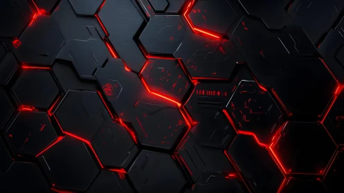 Futuristic hexagonal black panels with glowing red light accents.