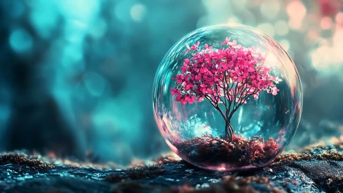 Miniature cherry tree glows inside crystal terrarium sphere.