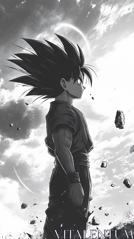 Stoic anime warrior stands beneath a storm-laced sky