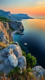 Sunset light over rugged coastal cliffs and calm sea panorama.