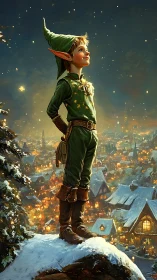Hopeful winter elf gazes proudly over a glowing village