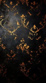 Aged baroque damask pattern in distressed gold on black wall