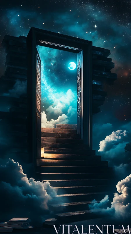 Stairway of moonlit clouds through a cosmic story door.