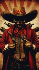 Stylized gunman in red coat with pistols and wide hat.