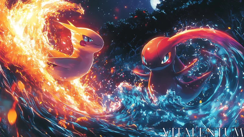 Fire and water Pokemon battle with dynamic elemental effects.