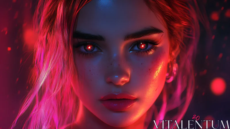 Cyber-noir portrait renders neon-lit woman with luminous eyes
