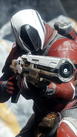 Armored futuristic soldier aiming rifle in close-up view.
