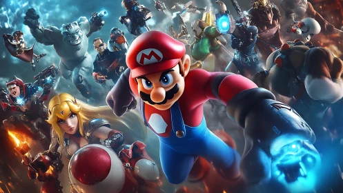 Heroic moustached plumber leads charged gaming battlefront.