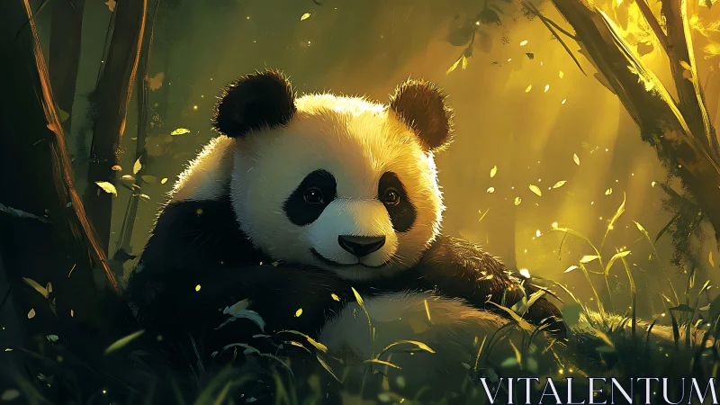 Backlit panda nestled in volumetric forest light gradients.