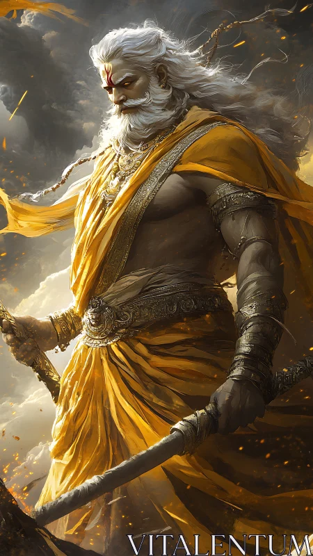 Storm-lit warrior sage strides forward in burning golden robes