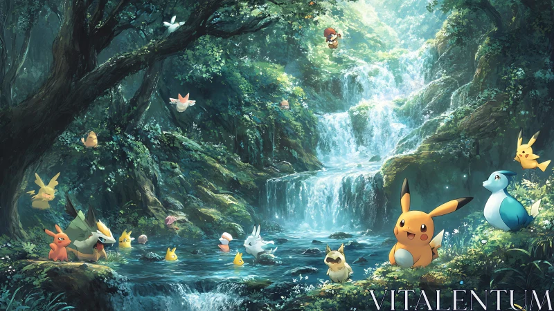 Pokemon Forest Sanctuary with Waterfall and Creatures