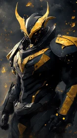 Armored humanoid figure stands in black and gold exosuit