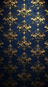 Embossed gold damask ornaments emerge from deep navy ground