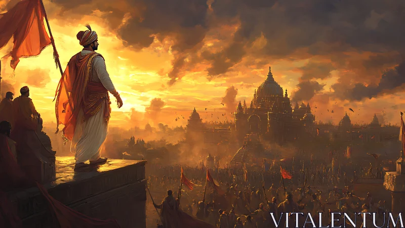 Leader overlooking temple city at dramatic sunset scene.