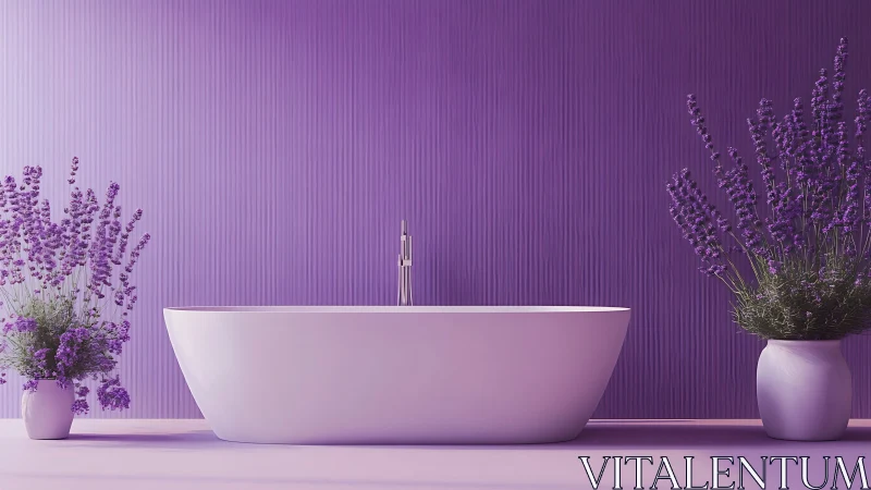 Minimalist lavender bathroom with freestanding white bathtub.