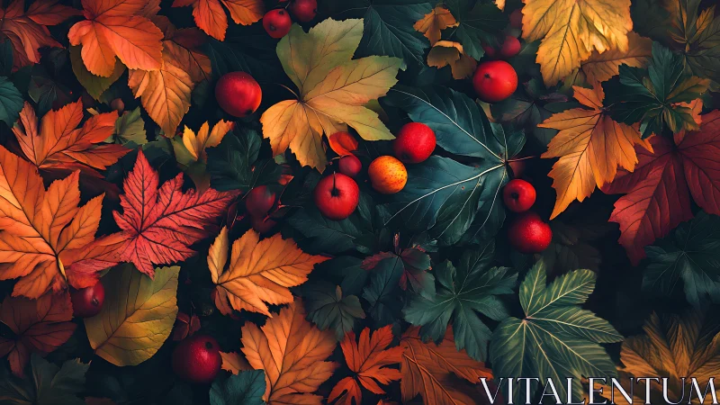 Autumn foliage composition with assorted red seasonal fruits.