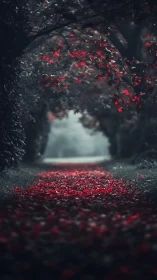 Tree tunnel path with red fallen leaves in soft focus view.