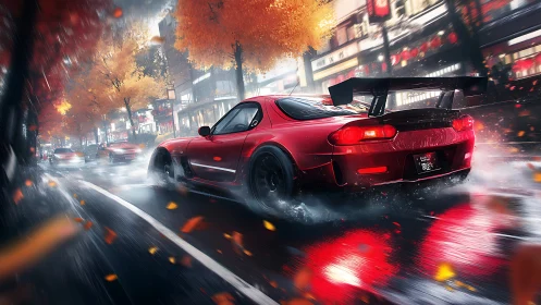 Red sports car on wet city street under autumn foliage.