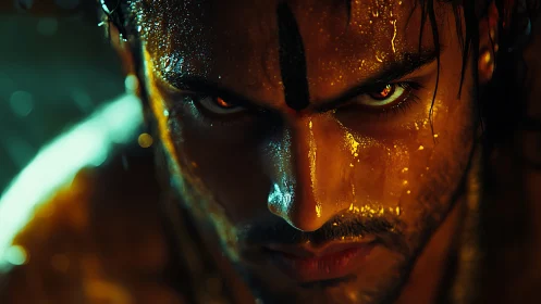 Molten-eyed warrior carves fury from the dripping shadows