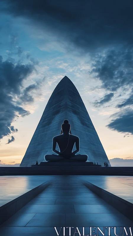 Silent Buddha silhouette welcomes dawn beside a vast monument