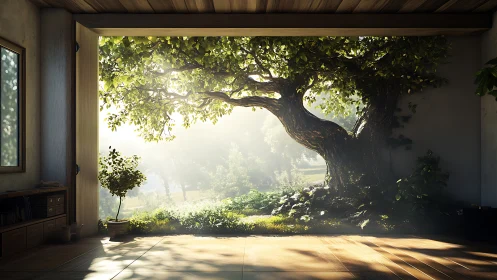 Sunlit tree doorway dissolving walls between home and wild.