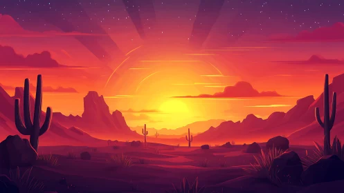 Chromatic desert sunset with stylized cacti and stratified mesas.