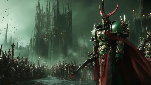 Armored warlord before neo-gothic citadel, red cloaked host