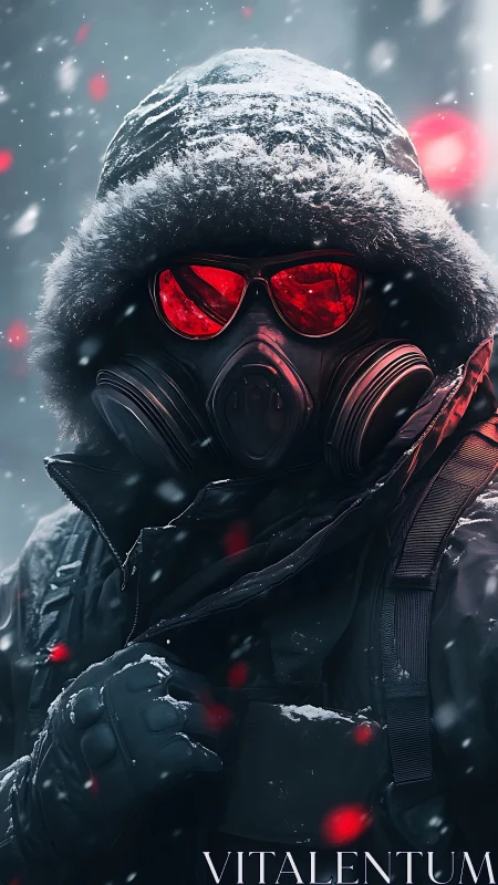Figure in gas mask and parka with red lenses in snowfall.