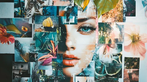 Mixed-media portrait collage with vibrant botanical overlays.