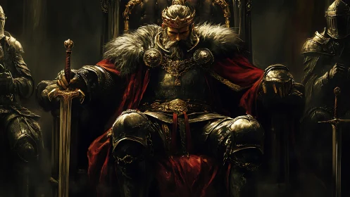 Armored king sits on ornate throne gripping sword tightly
