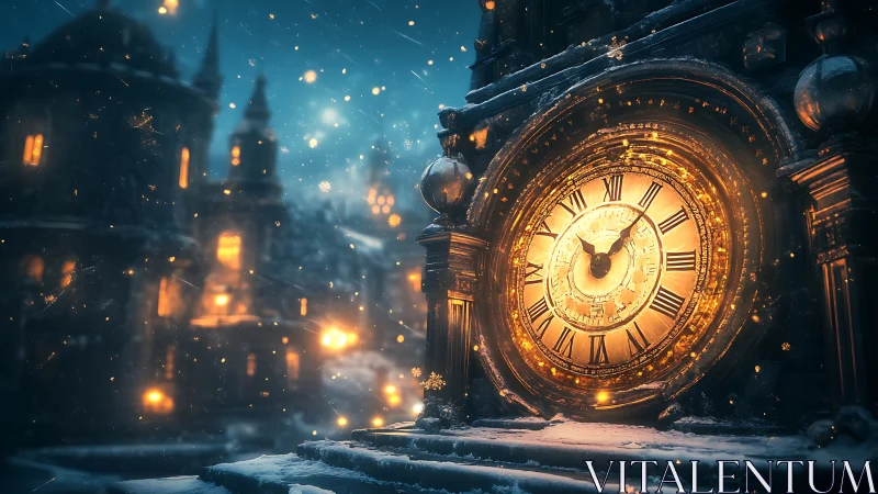 Fantasy winter clocktower with glowing baroque dial at night.