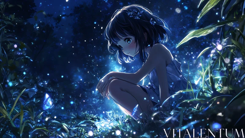 Bioluminescent forest girl in nocturnal luminescence field.