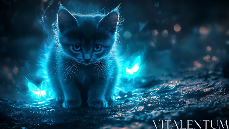 Neon Kitten with Luminescent Aura in Dark Environment.