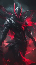 Shadow-clad dark knight strides through swirling crimson flame